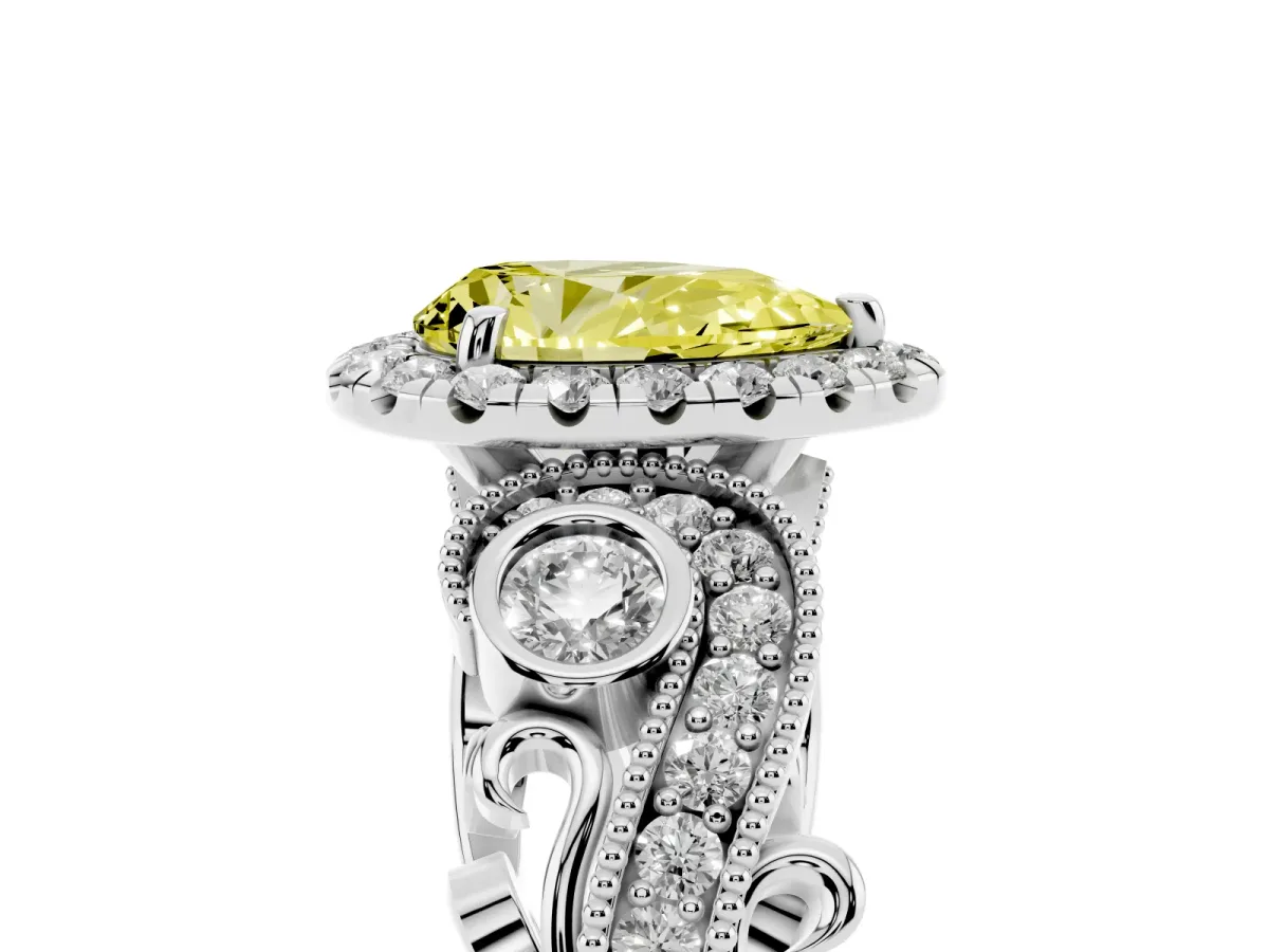 Fancy Yellow Pear Cut Halo Diamond Ring with Milgrain and Bezel Accents on a Split Shank Band White gold