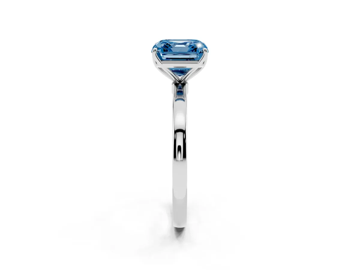 Fancy Blue Asscher Cut Diamond Solitaire Ring with Thin Band and Prong Setting Silver