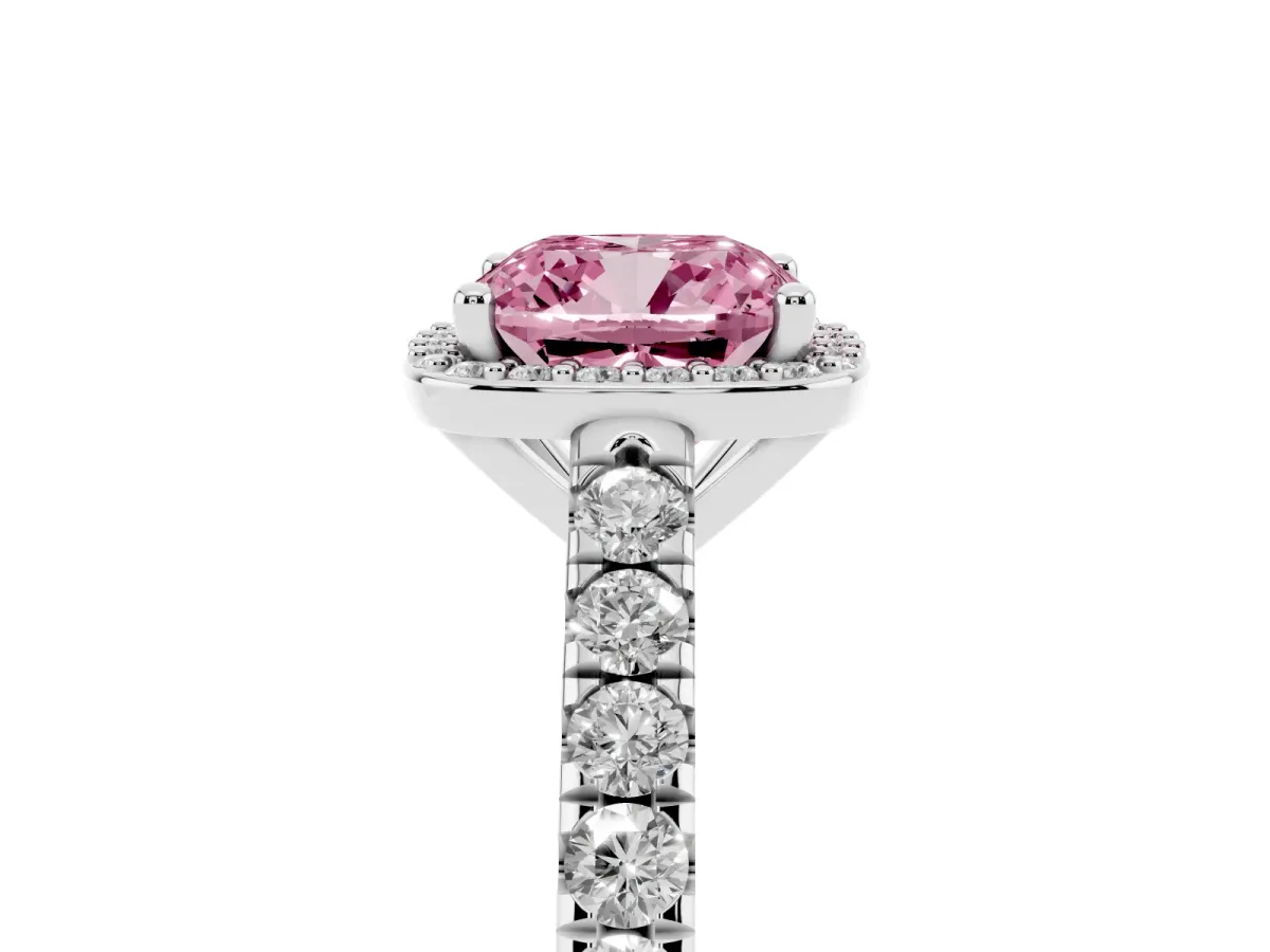 Fancy Pink Cushion Cut Cut Halo Diamond Engagement Ring with Pave Band and Four-Prong Setting Silver
