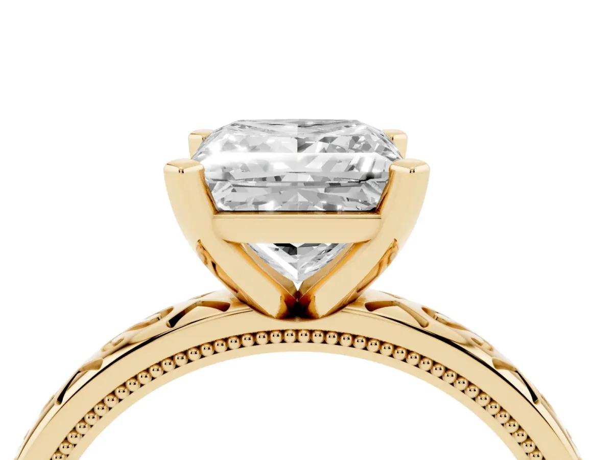 Princess Cut Solitaire Engagement Ring with Scrollwork Band and Four-Prong Setting Yellow gold