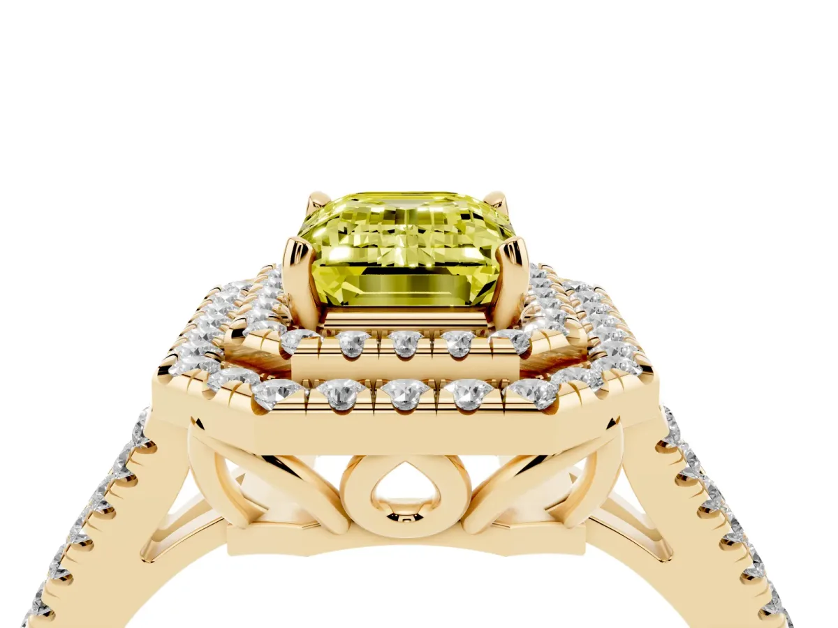 Fancy Yellow Emerald Cut Diamond Double Halo Ring with Pavé Band and Prong Setting Yellow gold