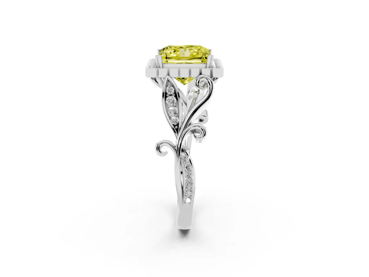 Fancy Yellow Princess Cut Diamond Halo Ring with Vintage Split Shank and Four-Prong Setting Silver
