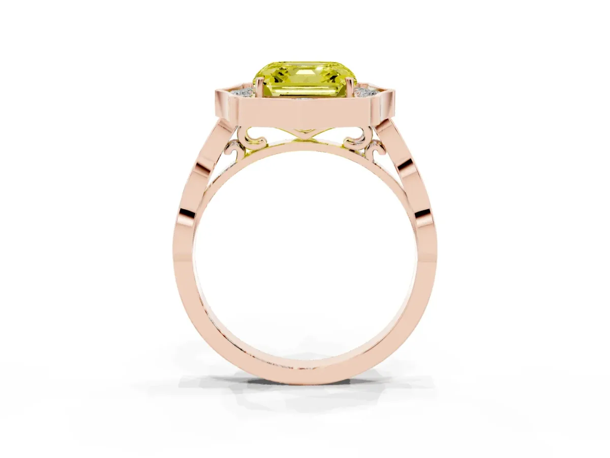 Fancy Yellow Asscher Cut Halo Diamond Engagement Ring with Milgrain Band and Four-Prong Setting Rose gold