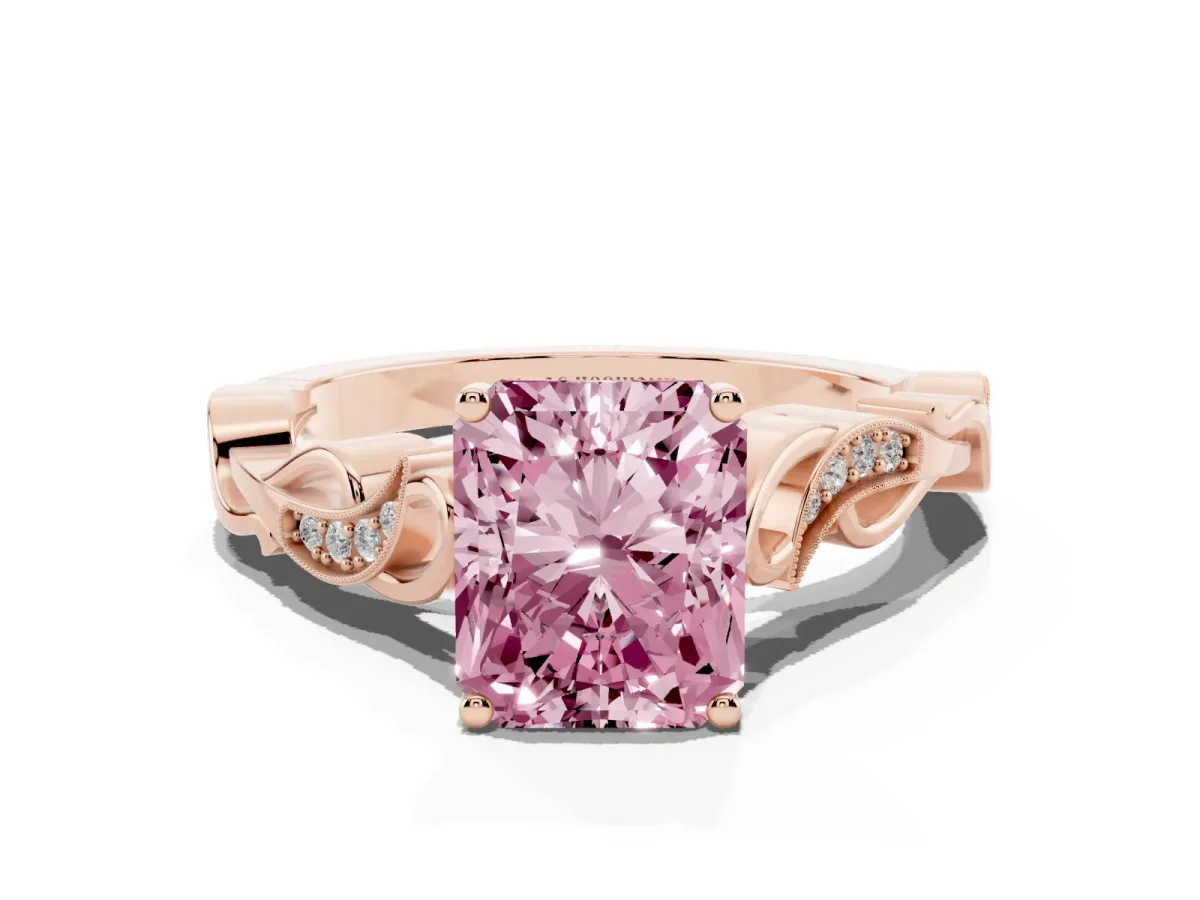 Fancy Pink Radiant Cut Solitaire Vine Band with Milgrain Prong Setting Rose gold