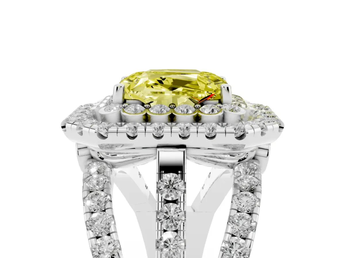 Fancy Yellow Emerald Cut Diamond Double Halo Ring with Round Pavé Split Shank and Prong Setting Silver