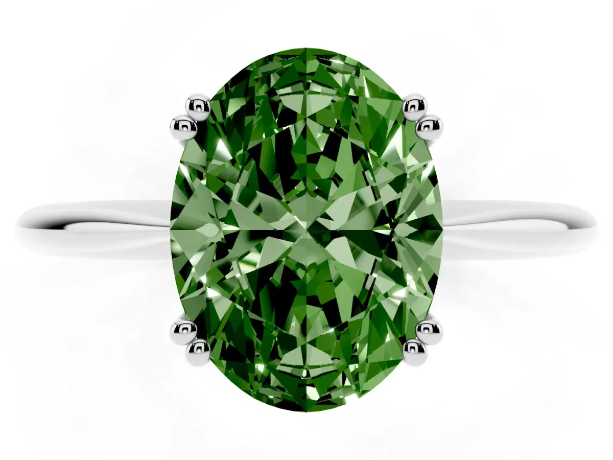 Fancy Green Oval Cut Solitaire Diamond Ring with Six-Prong Setting and Classic Band Silver