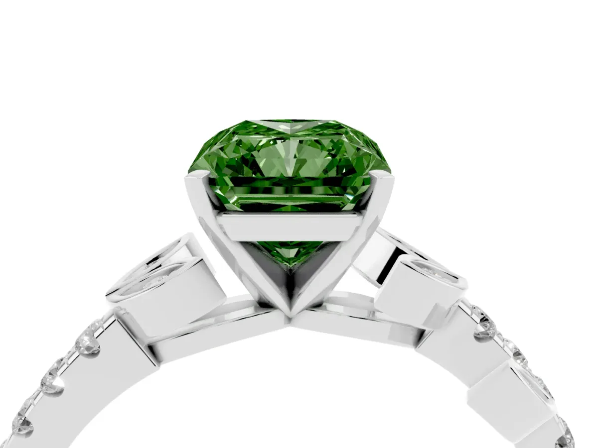 Fancy Green Radiant Cut Solitaire Leaf-Inspired Diamond Ring with Pavé Band and Four-Prong Setting Silver