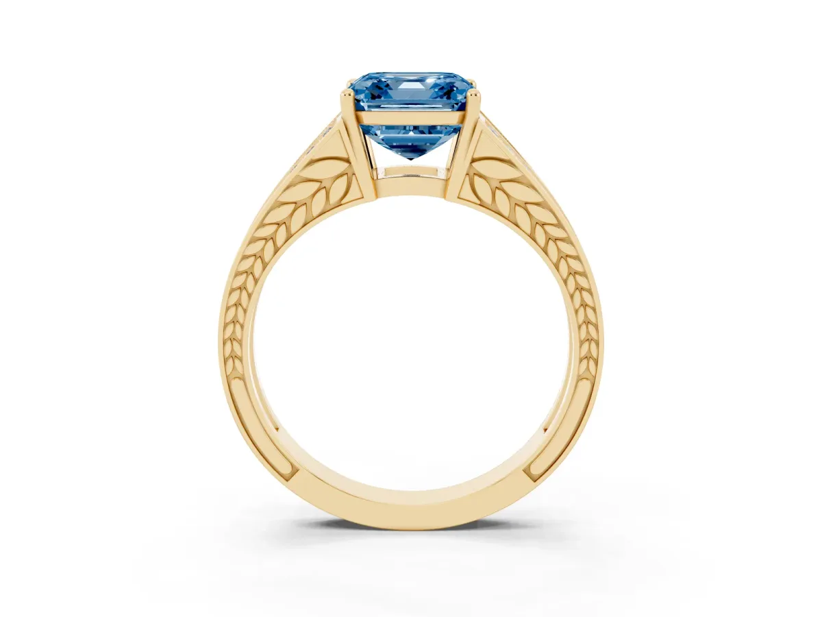 Fancy Blue Asscher Cut Diamond Split Shank Ring with Pavé Band and Four-Prong Setting Yellow gold