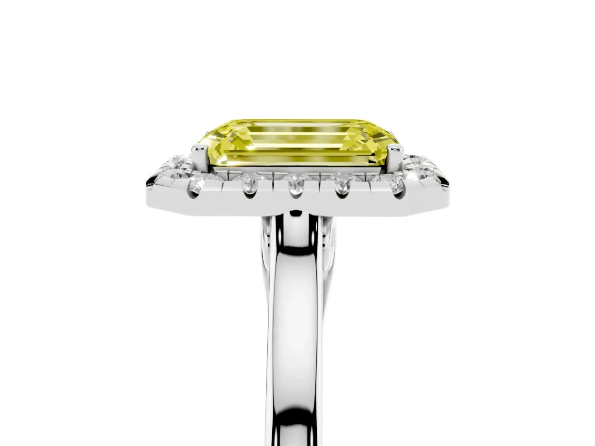 Fancy Yellow Emerald Cut Halo Round Diamond Solitaire Ring with Pavé Band and Four-Prong Setting Silver