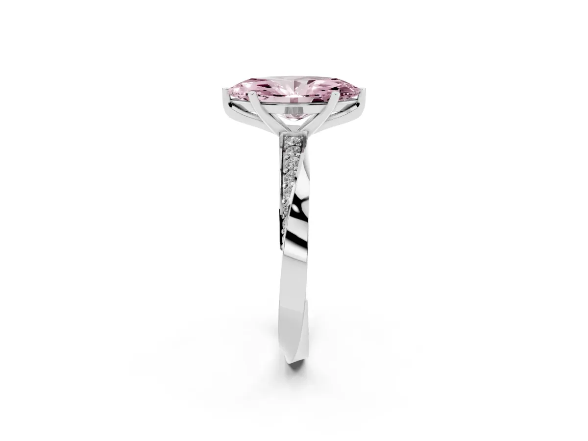 Fancy Pink Marquise Cut Diamond Engagement Ring with Side Stone Accents and Four-Prong Setting Silver