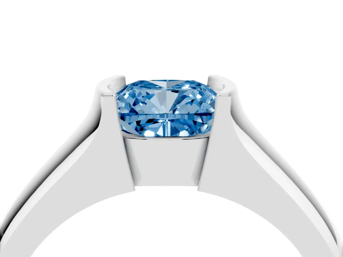 Fancy Blue Cushion Cut Solitaire Bezel Set Diamond Ring with Wide Band Silver