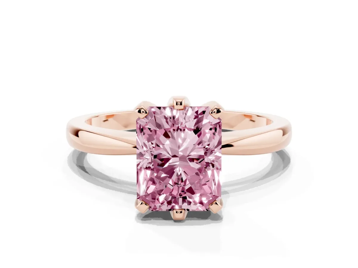 Fancy Pink Radiant Cut Solitaire Engagement Ring with Six-Prong Setting and Tapered Band Rose gold