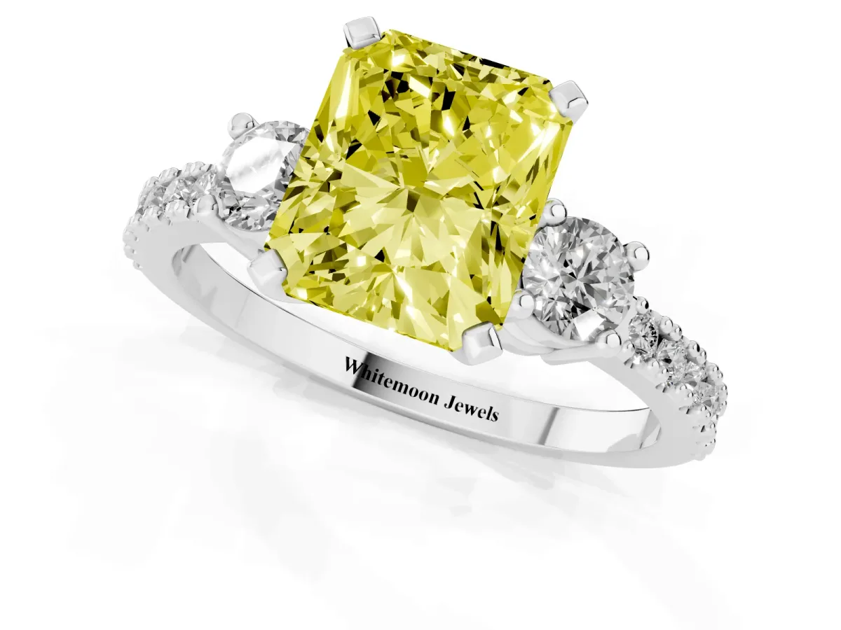 Fancy Yellow Radiant Cut Three-Stone Diamond Pavé Band with Prong Setting Silver