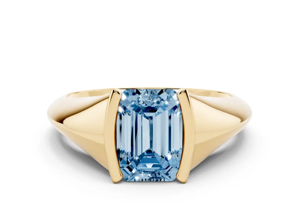 Fancy Blue Emerald Cut Solitaire Tension Set Diamond Ring Yellow gold