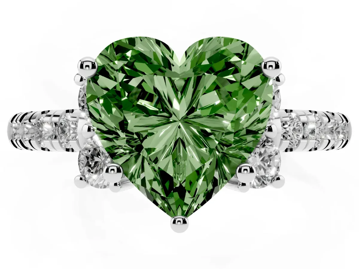 Fancy Green Heart Cut Diamond Three-Stone Pave Band with Four-Prong Setting Silver