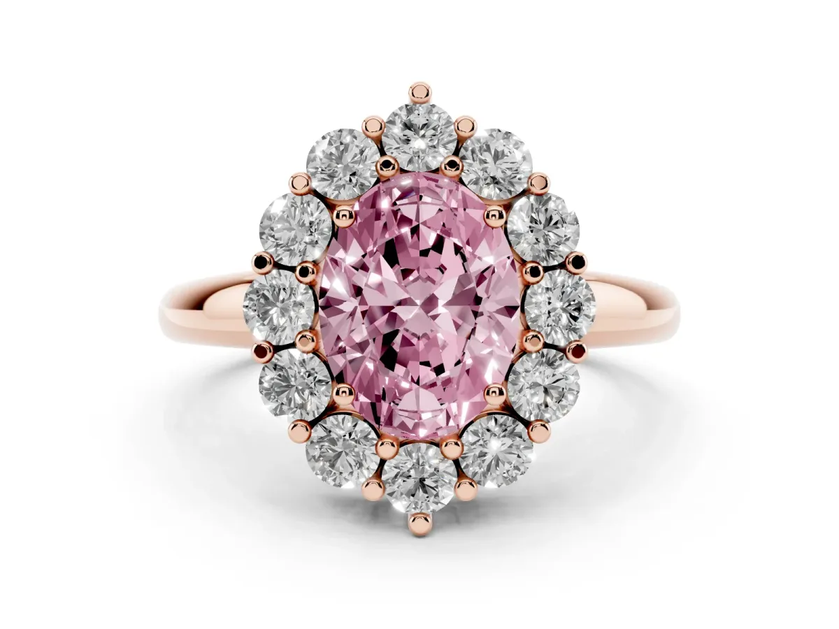 Fancy Pink Oval Cut Halo Cluster Diamond Engagement Ring with Prong Setting and Polished Band Rose gold