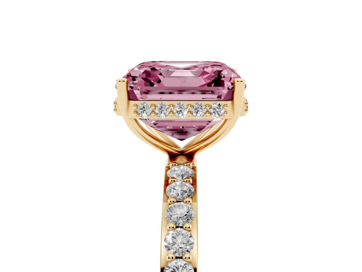 Fancy Pink Asscher Cut Diamond Solitaire Ring with Pavé Band and Hidden Halo Yellow gold