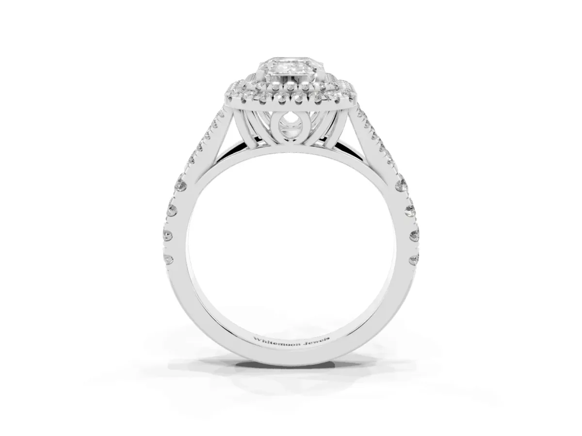 Emerald Cut Diamond Pavé Split Shank Double Halo Engagement Ring Silver