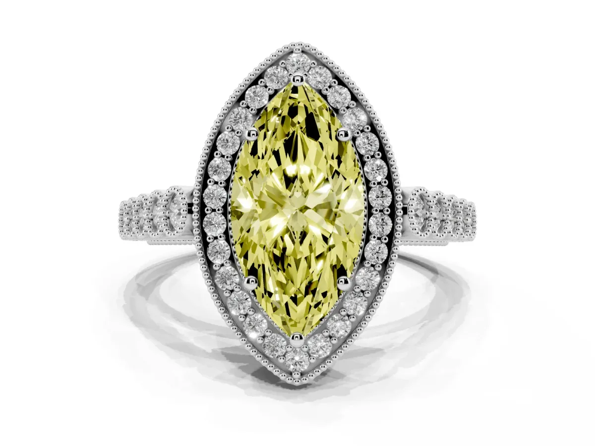 Fancy Yellow Marquise Cut Halo Milgrain Solitaire with Bezel Set Side Stones and Pave Band Silver
