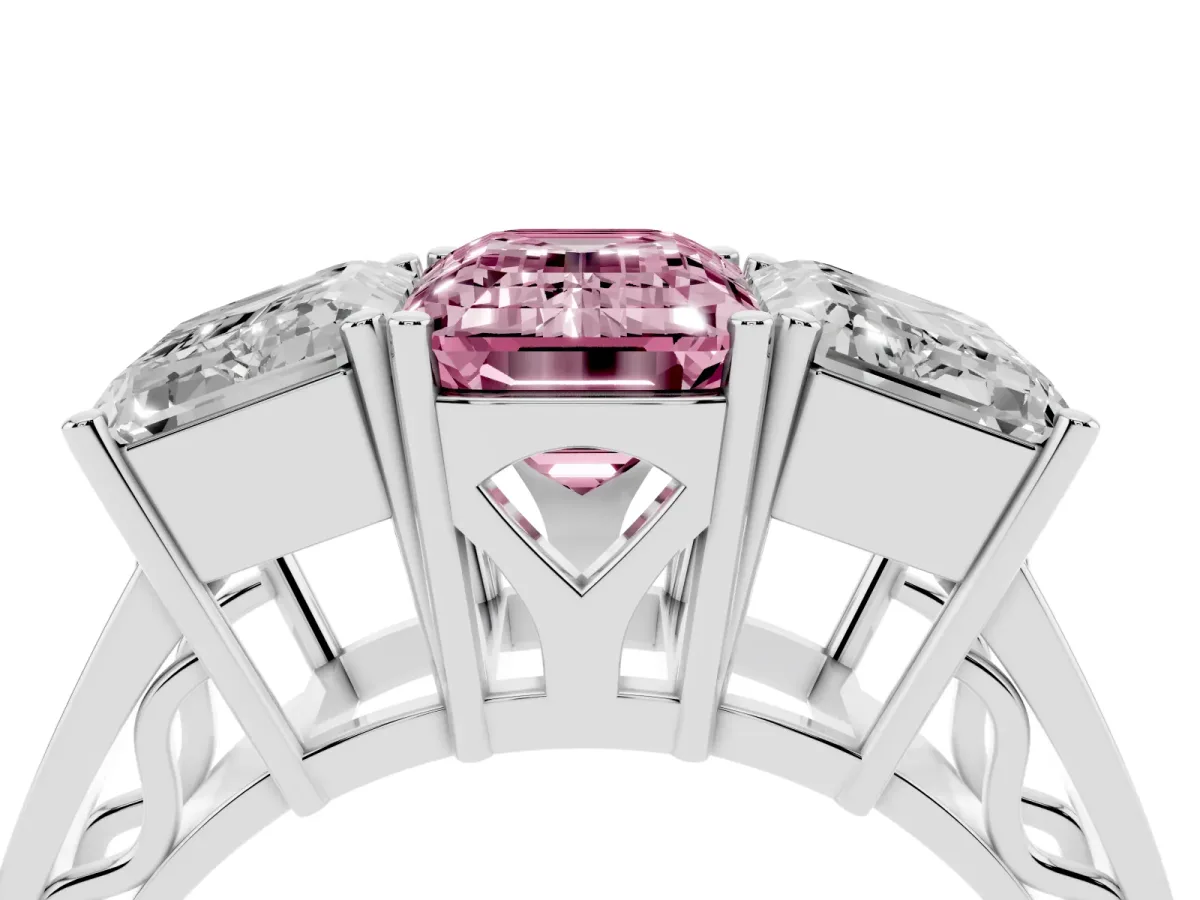 Fancy Pink Emerald Cut Diamond Three-Stone Ring with Prong Setting and Textured Band Silver