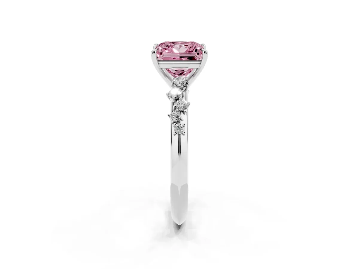 Fancy Pink Princess Cut Diamond Cluster Side Stone Solitaire Ring with Prong Setting Silver