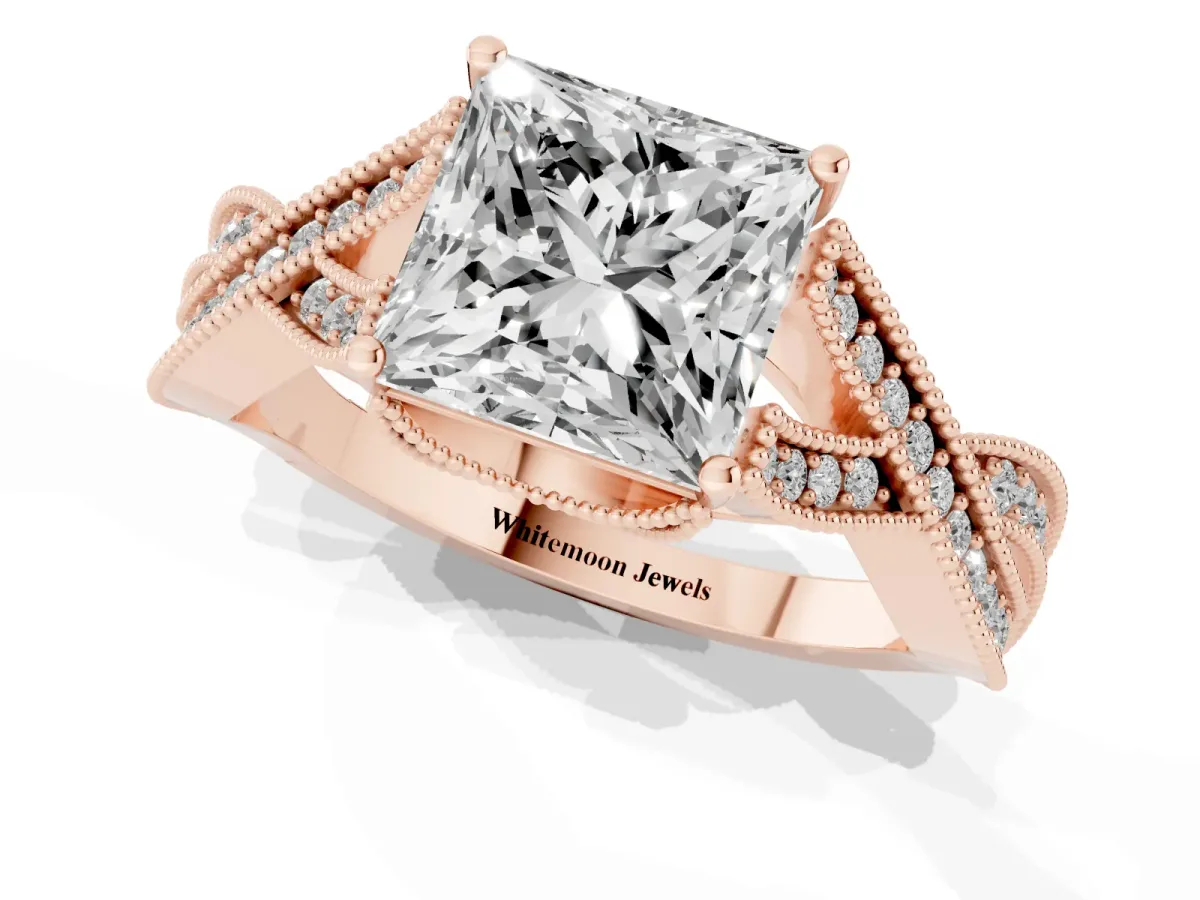 Princess Cut Cut Diamond Twisted Band with Milgrain Pave Setting and Four-Prong Setting Rose gold