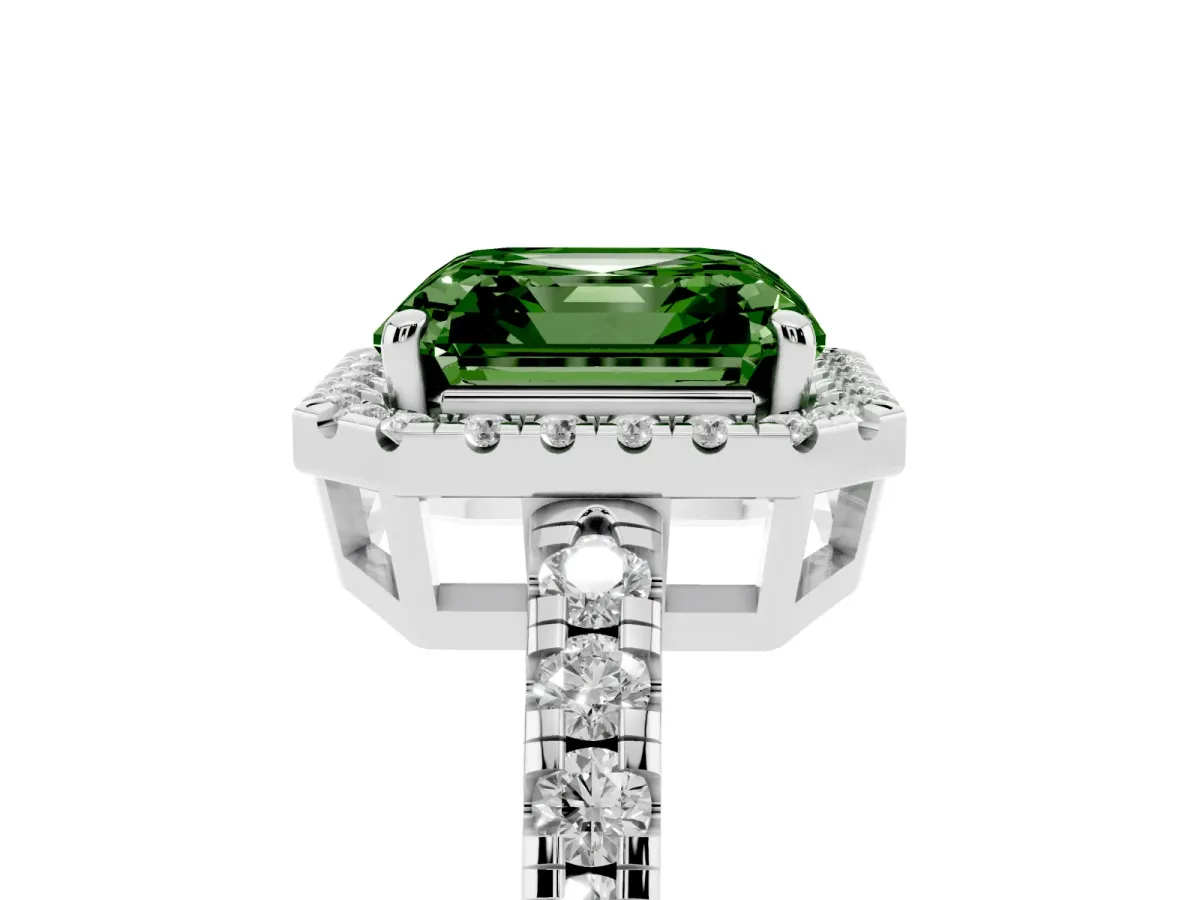 Fancy Green Asscher Cut Diamond Halo Ring with Pavé Band and Four-Prong Setting Platinum