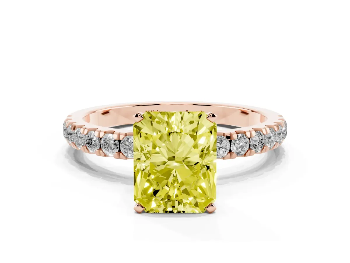 Fancy Yellow Radiant Cut Diamond Solitaire Ring with Pavé Accents and Four-Prong Setting Rose gold
