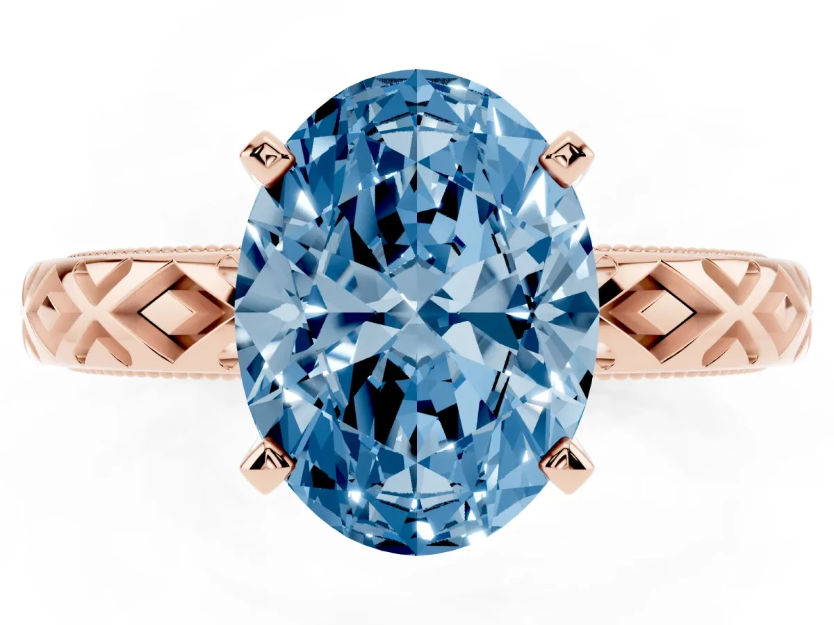 Fancy Blue Oval Cut Solitaire Diamond Ring with Milgrain and Black Enamel X Pattern Band Rose gold