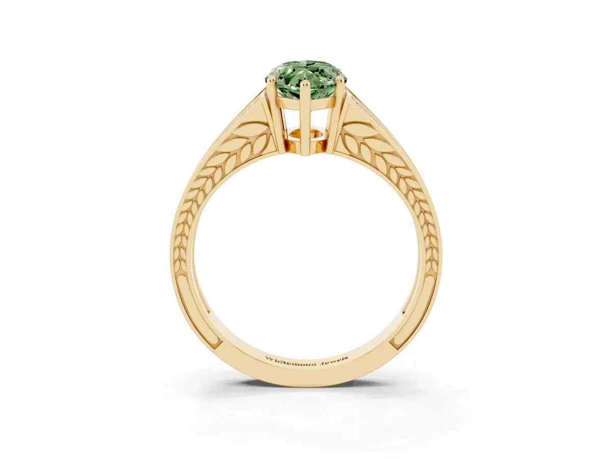 Fancy Green Marquise Cut Diamond Split Shank Ring with Pavé Band and Four-Prong Setting Yellow gold