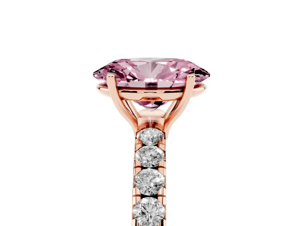 Fancy Pink Oval Cut Diamond Pavé Solitaire Engagement Ring with Four-Prong Setting Rose gold