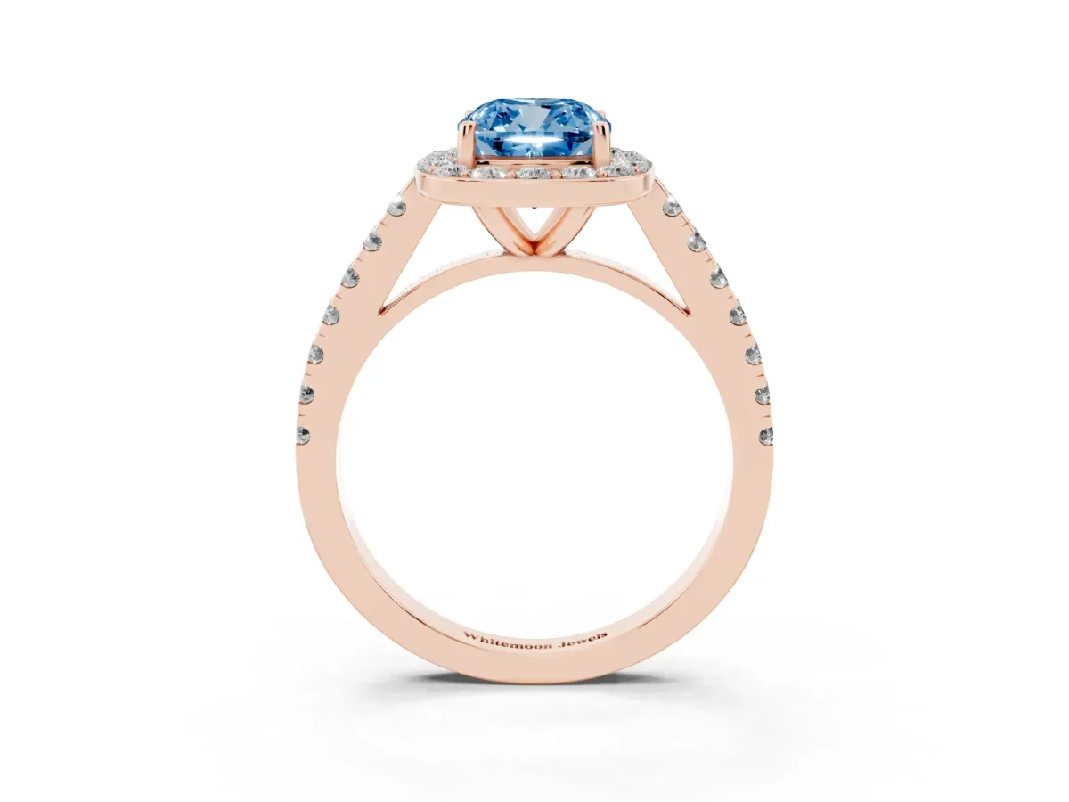 Fancy Blue Cushion Cut Diamond Halo Ring with Round Pavé Split Shank and Prong Setting Rose gold