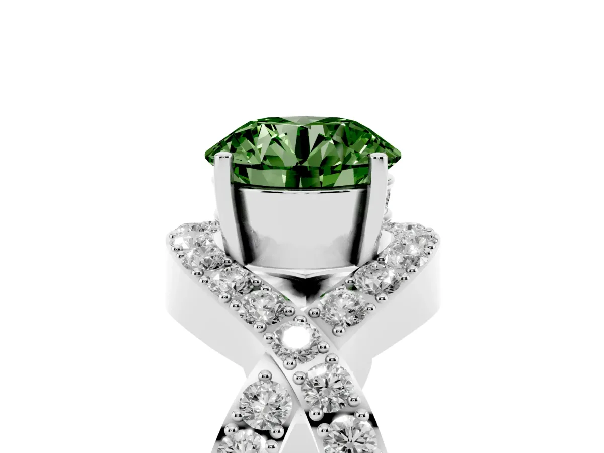 Fancy Green Round Cut Solitaire Twist Band Pavé Diamond Engagement Ring Silver