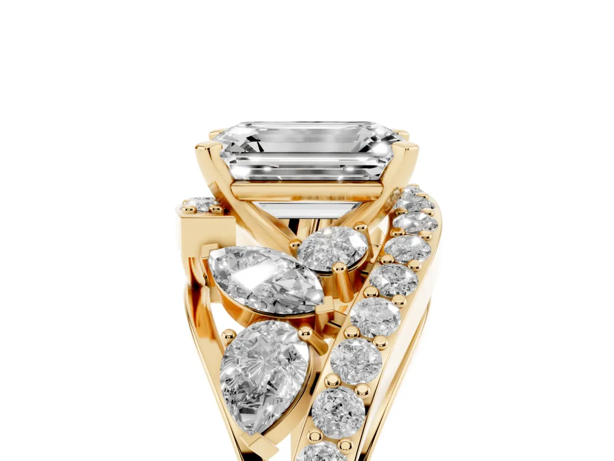 Emerald Cut Diamond Halo Ring with Marquise and Pavé Band in Prong Setting Yellow gold