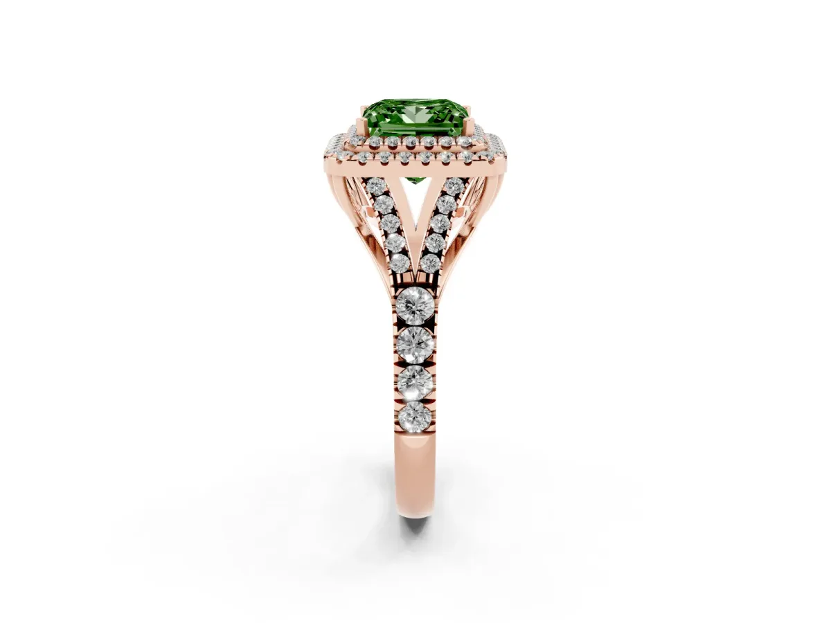 Fancy Green Princess Cut Diamond Pavé Split Shank Double Halo Engagement Ring Rose gold