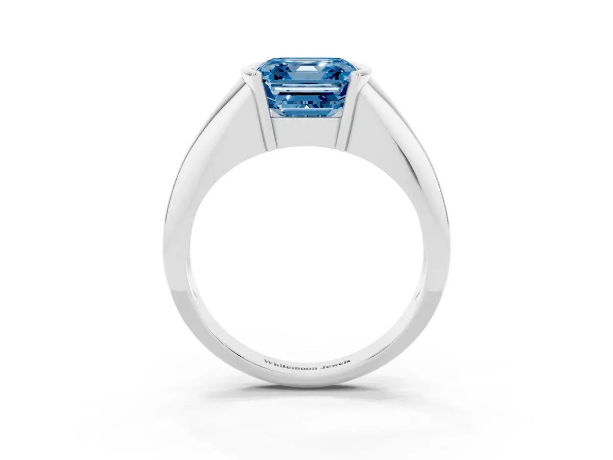 Fancy Blue Asscher Cut Solitaire Tension Set Diamond Ring White gold