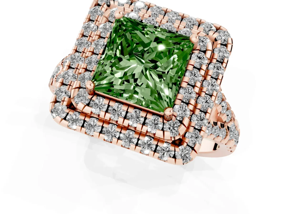 Fancy Green Double Halo Princess Cut Diamond Pavé Split Shank Ring with Prong Setting Rose gold
