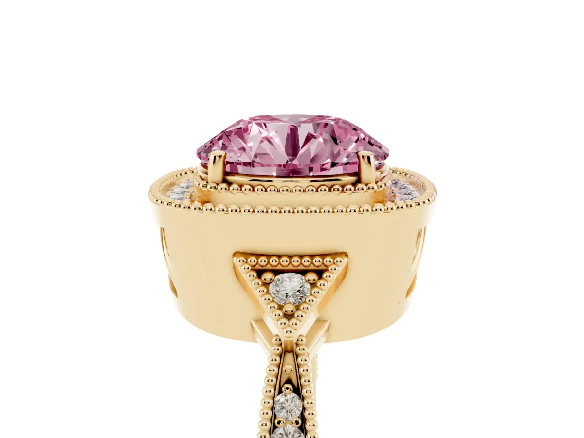 Fancy Pink Round Cut Halo Round Diamond Milgrain Pave Engagement Ring Yellow gold