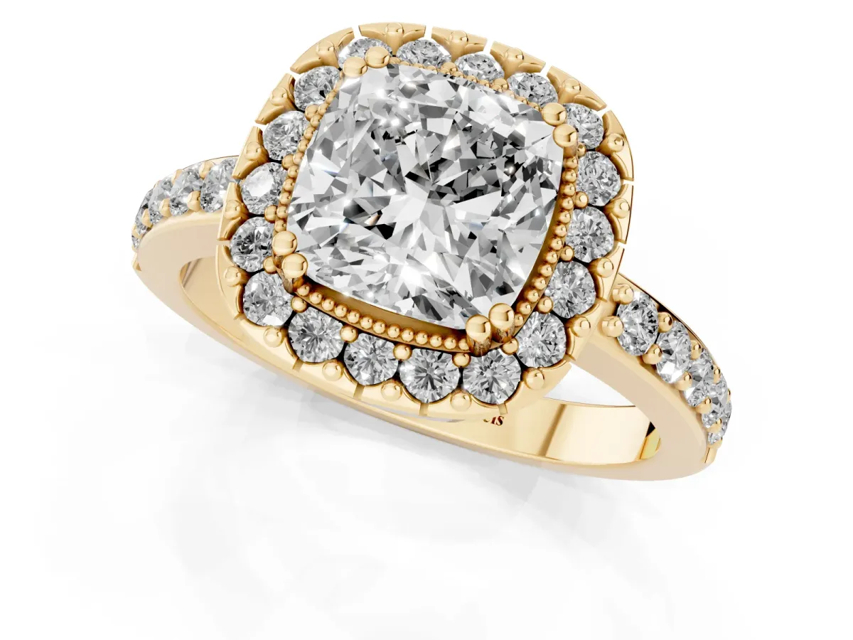 Cushion Cut Diamond Halo Ring with Pavé Band and Prong Setting Yellow gold
