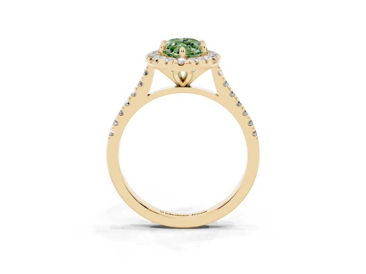 Fancy Green Marquise Cut Diamond Cushion Halo Ring with Pavé Band Yellow gold