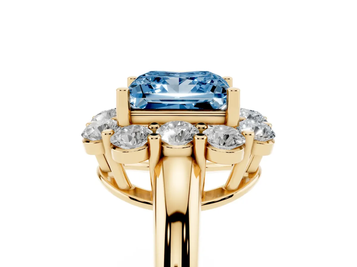 Fancy Blue Princess Cut Halo Milgrain Solitaire with Bezel Set Side Stones and Pave Band Yellow gold