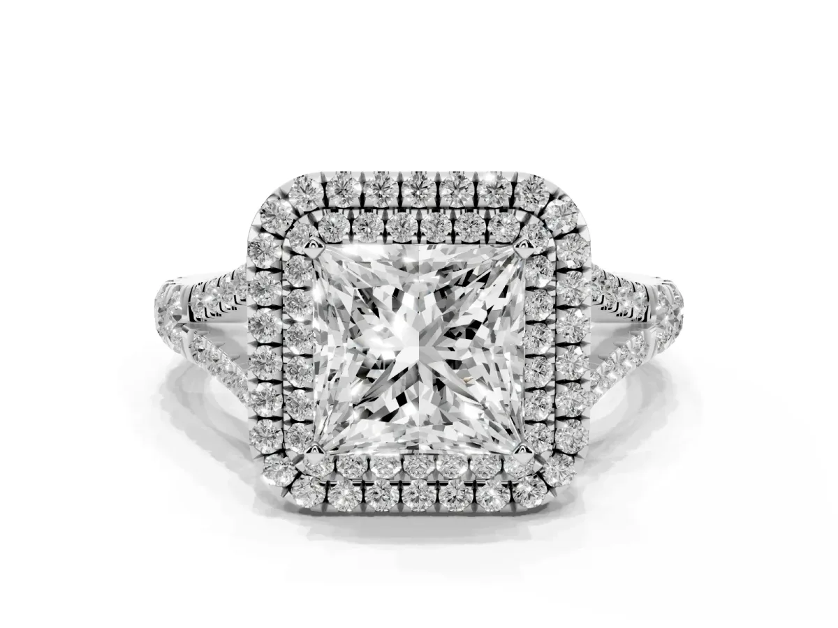Princess Cut Diamond Pavé Split Shank Double Halo Engagement Ring Platinum