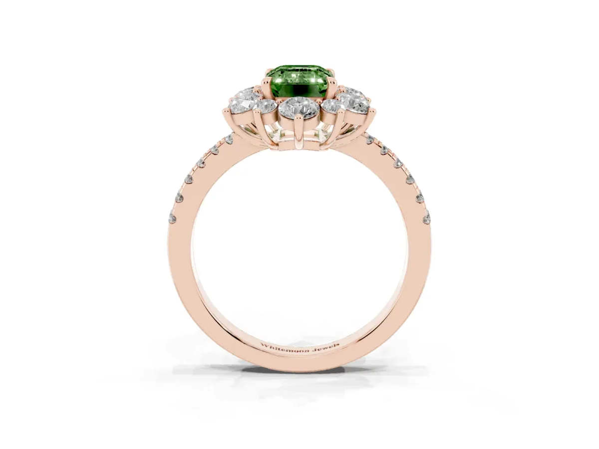 Fancy Green Emerald Cut Diamond Floral Halo Ring with Round Pavé Band and Prong Setting Rose gold