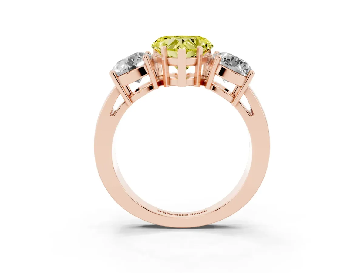 Fancy Yellow Three-Stone Heart Cut Diamond Ring with Round Side Stones, Classic Band, and Four-Prong Setting Rose gold