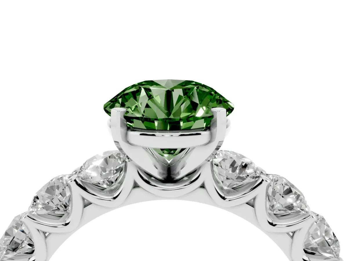 Fancy Green Round Cut Diamond Prong Setting with Side Stones on a Pave Band Silver
