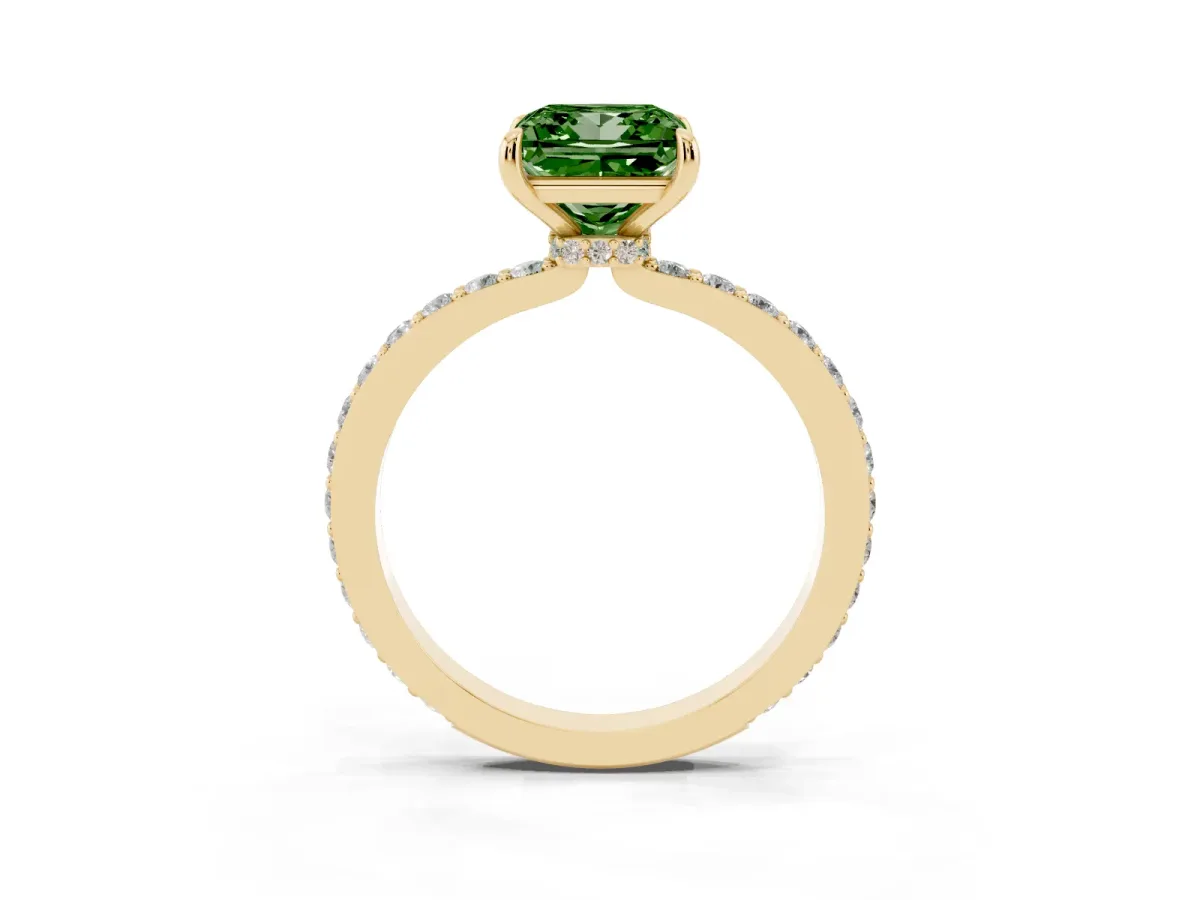 Fancy Green Princess Cut Diamond Solitaire Engagement Ring with Pavé Band and Four-Prong Setting Yellow gold