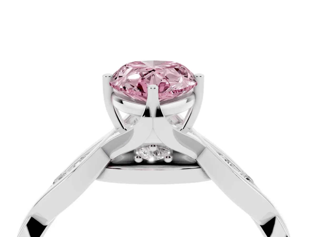 Fancy Pink Pear Cut Solitaire Twist Band with Leaf Prong Setting Platinum
