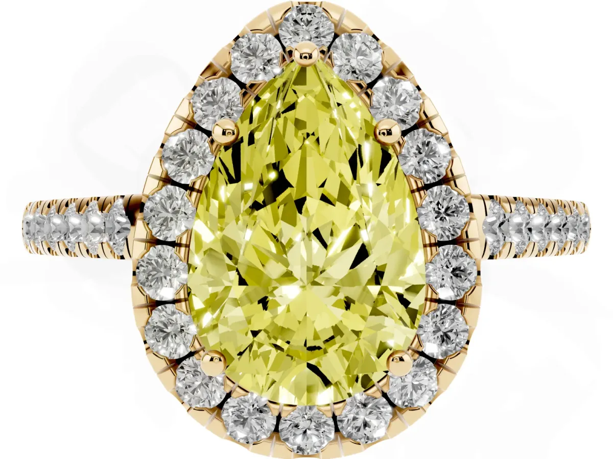 Fancy Yellow Pear Cut Halo Pave Diamond Engagement Ring with Four-Prong Setting Yellow gold