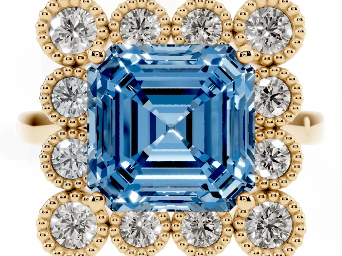 Fancy Blue Asscher Cut Halo Diamond Cluster Engagement Ring with Milgrain Bezel Setting and Solitaire Band Yellow gold