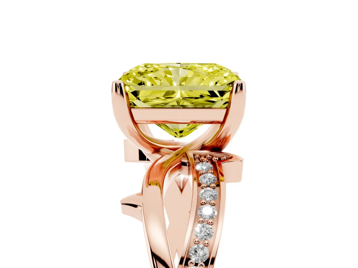 Fancy Yellow Radiant Cut Solitaire Twist Band with Pavé Accents and Four-Prong Setting Rose gold